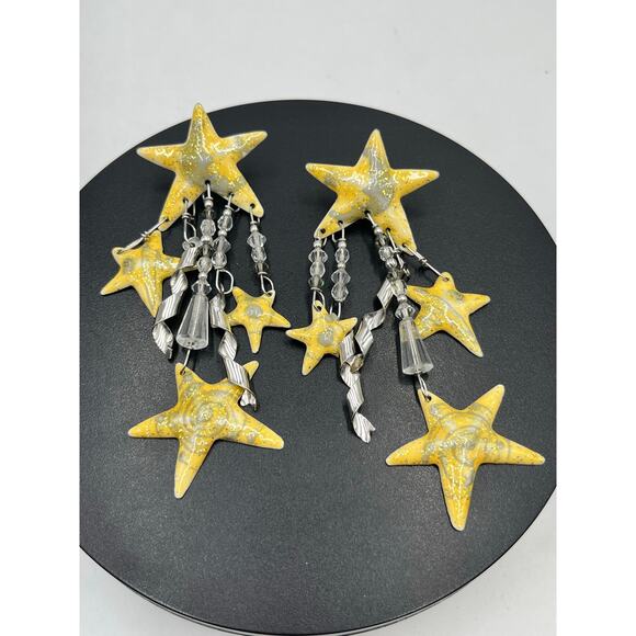 Lunch At The Ritz Vintage Earrings Golden Glitter Stars Moon Signed Designer 86 - Picture 5 of 12